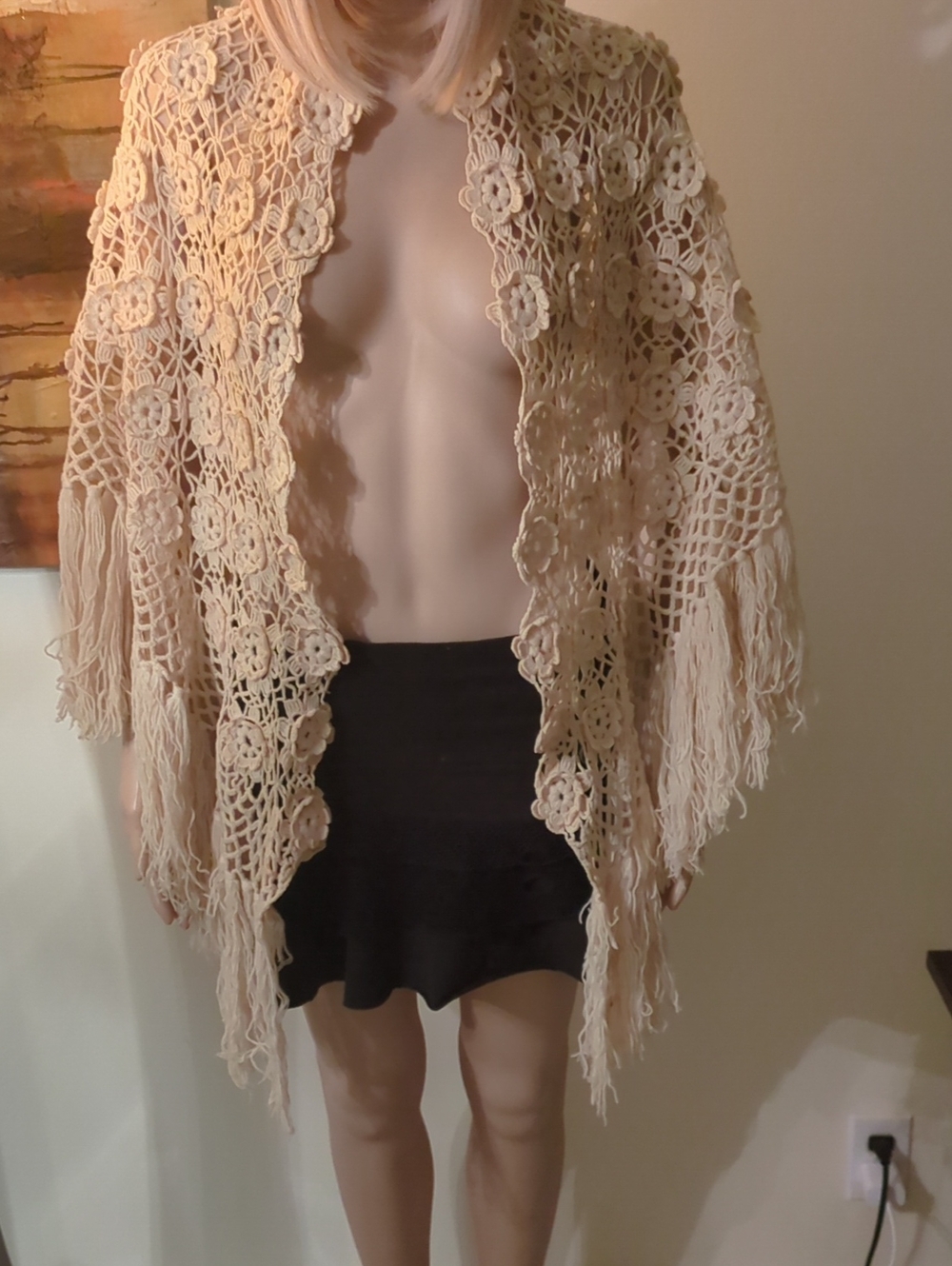 Unique Vintage Hand Made Wool Cream Crochet Fringe Shawl - Women's Cover-Up